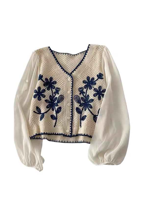 Crochet Loose Outwear Buttons Jacket Women Spring Embroidery Cropped Cardigan