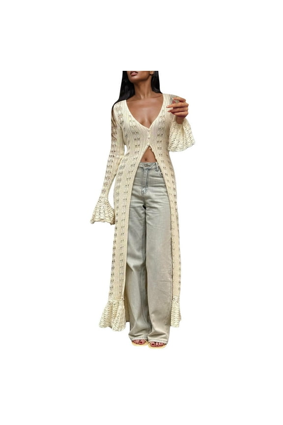 Crochet Maxi Dress, Yigetop Women Elegant Crochet Knit Maxi Dress Button Down Hollow Out Cover Up Vacation Long Dress Boho Cardigans for Women Beige L