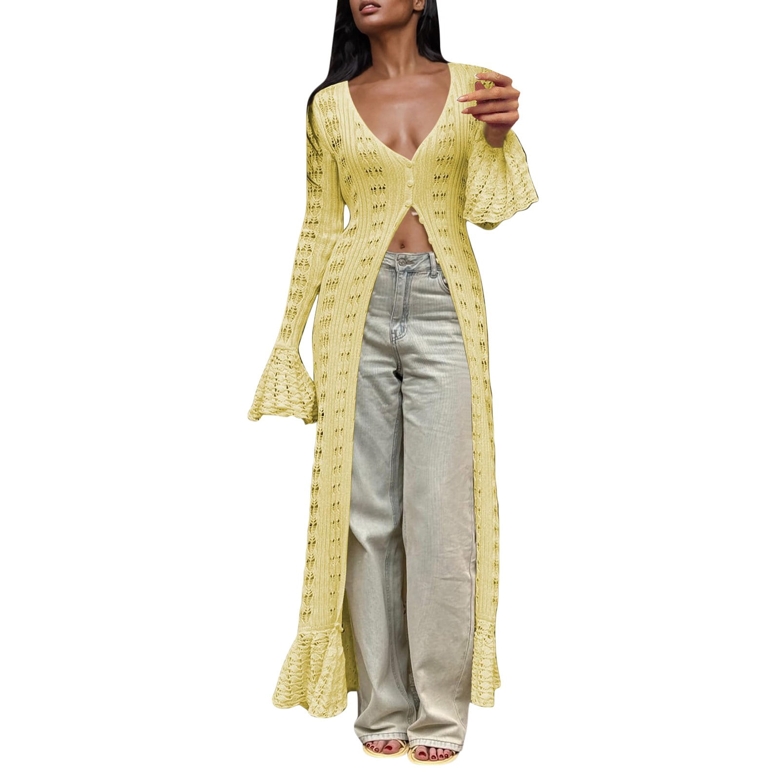 GETADME Yellow Crochet Halter Neck Maxi Dress with Fringe Hem Boho Summer Beach Dress
