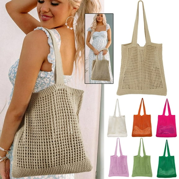 Crochet Mesh Beach Tote Bag, Knit Summer Vacation Aesthetic Boho Tote Bag for Women
