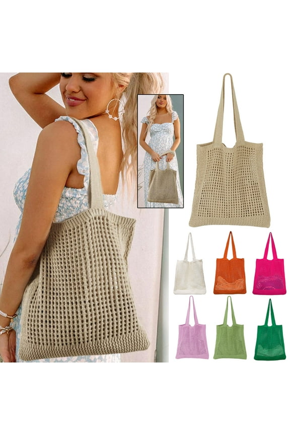 Crochet Mesh Beach Tote Bag, Knit Summer Vacation Aesthetic Boho Tote Bag for Women