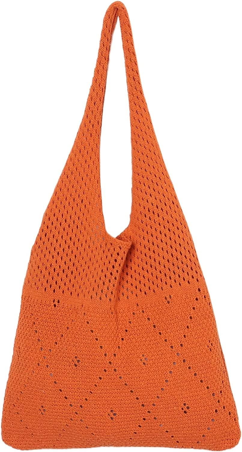 Fashion Vacation Crochet Tote Bag Aesthetic Bag Y2k Nitted Shoulder Bag  Summer Mesh Beach Bags Handbag For Girls(Orange) 
