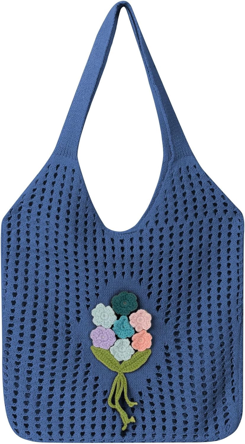 Crochet Mesh Beach Tote Shoulder Handbags Hobo for Women Summer Vacation Shoulder Bag Soft Y2k Purses for Travel
