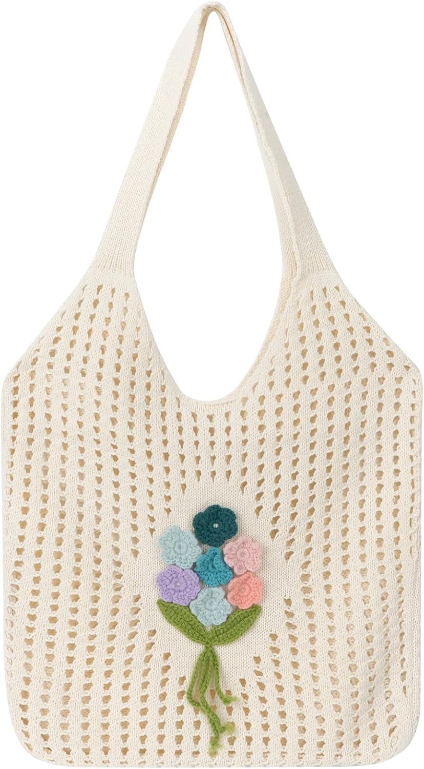 Crochet Mesh Beach Tote Shoulder Handbags Hobo for Women Summer Vacation Shoulder Bag Soft Y2k Purses for Travel