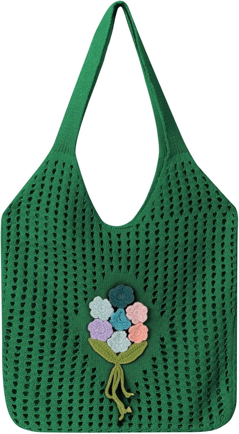 Crochet Mesh Beach Tote Shoulder Handbags Hobo for Women Summer Vacation Shoulder Bag Soft Y2k Purses for Travel