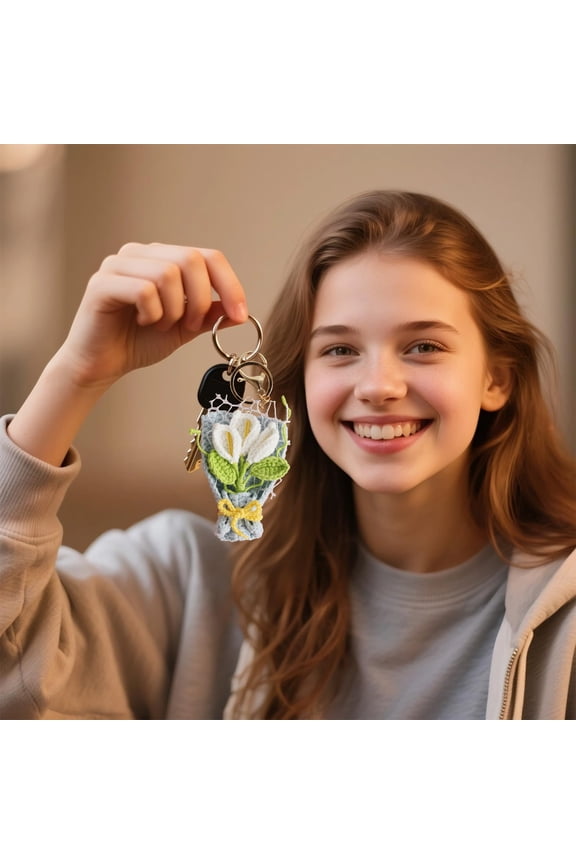 Crochet Mini Bouquet Keychains, Knitted Elegant Flower Key Chain Wool Handwoven Ornaments Gift for Women Birthday (White)