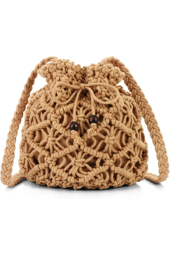 Crochet Mini Bucket Bag Purse Summer Woven Beach Shoulder Bag Drawstring Closure Crossbody Bag Handmade Hobo Bag