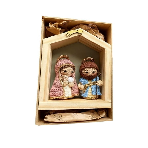 Crochet Nativity Set, Hand-Crocheted Jesus Birth Scene with Wooden Manger, Christmas Ornament for Home, Unique Handmade Christian Decoration & Heartwarming Gift B