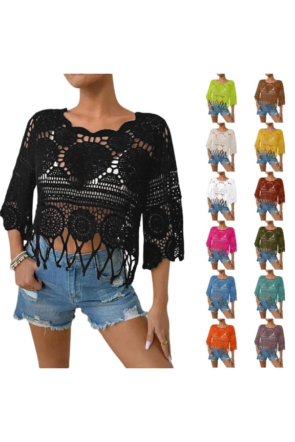 Crochet Open Knit Tunic Top for Women, Round Neck Hollow Out 3/4 Sleeve Beach Cover Up - Boho Summer Vacation Loose Pullover Sweater Hot Pink XXL