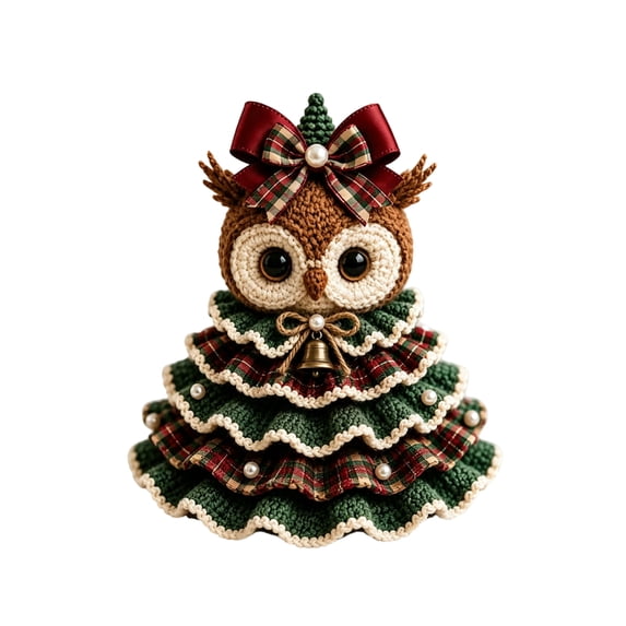 Crochet Owl Christmas Tree with Bow and Bell Decor, Cute Amigurumi Craft Kit for Home Holiday Table, Festive Gift 1 Set