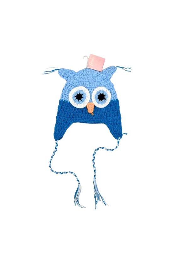 Crochet Owl Hat Blue - Hand-Knit Warm Beanie with Ear Flaps & Tassels for Kids Adults - Cute Animal Themed Winter Accessory for Chilly Days & Gifts