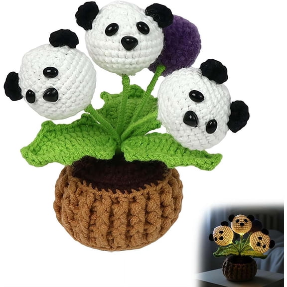 Crochet Panda Night Light, Handcrafted Knitting Doll, Emotional Support Gift For Home Office Desk, Soft Glow Decorative Potted Plant