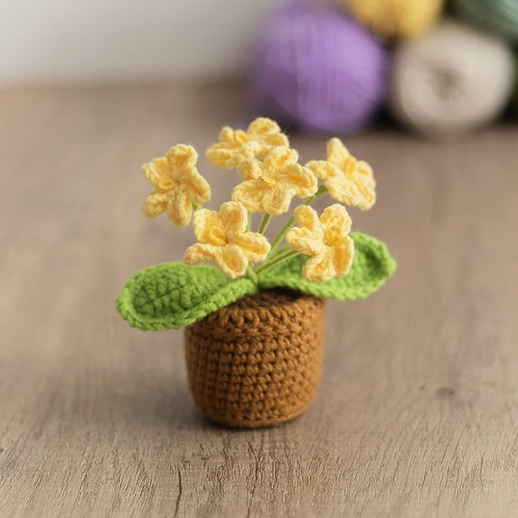Crochet Potted Flower Handmade Knitted Plant Artificial Simulation Flower Desk Decor Small Crochet Flower Ornament for Home Office Decoration 6.7 Inches Tall Yellow