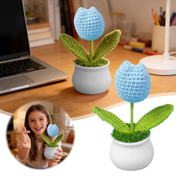 Crochet Potted Plants, Mini Knitted Decor for Home/Office/Gifts, Eco-Friendly Desk Decor, Rose - Red Tulip Home Decor