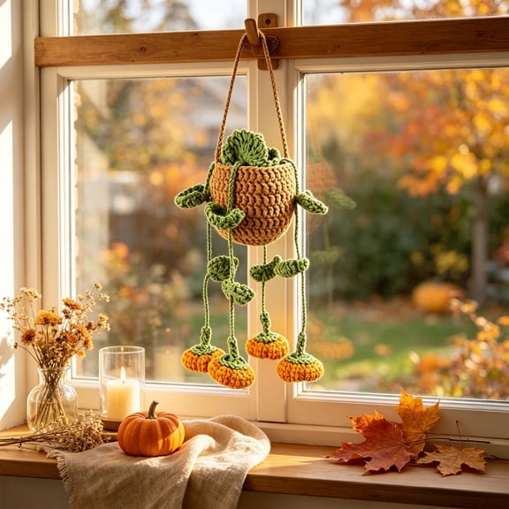 Crochet Pumpkin Hanging Plant Basket, HandKnitted Fall Autumn Macrame Hanging Planter, Boho Wall Window Hanging Decor, Thanksgiving Harvest Home Ornament, Indoor Fall Seasonal Decoration Gift