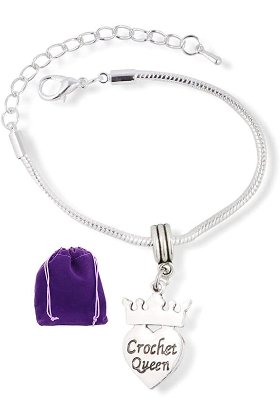 Crochet Queen (on heart and with Crown) Snake Chain Charm Bracelet