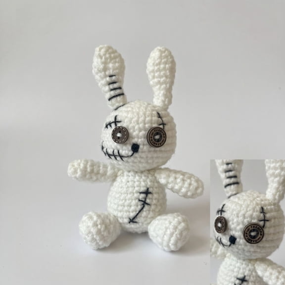 Crochet Rabbit Stuffed Animal with Gothic Details, Stuffed Bunny Plush with Button Eyes for Spooky Halloween Decor, Vintage Table Centerpiece for Creepy Halloween