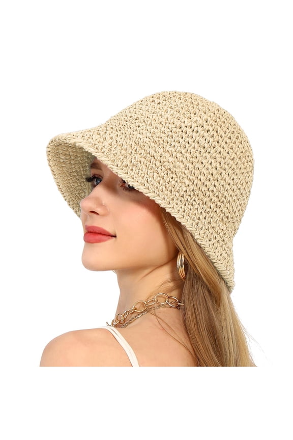 Crochet Raffia Bucket Hat Lightweight Foldable Wide Brim Sun Hat for Stylish Summer Protection - Beige