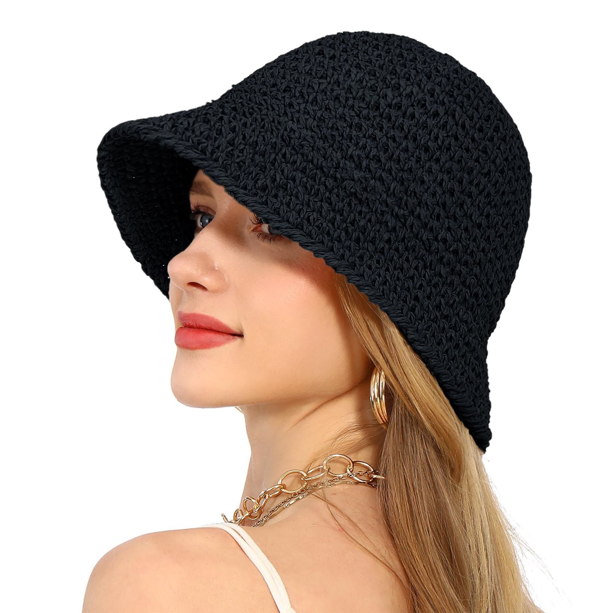 Crochet Raffia Bucket Hat Lightweight Foldable Wide Brim Sun 