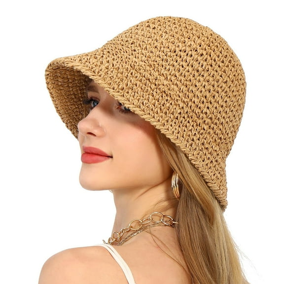 Crochet Raffia Bucket Hat Lightweight Foldable Wide Brim Sun Hat for Stylish Summer Protection - Khaki
