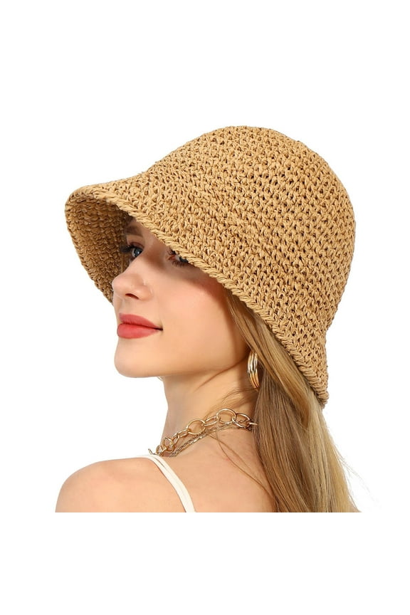 Crochet Raffia Bucket Hat Lightweight Foldable Wide Brim Sun Hat for Stylish Summer Protection - Khaki
