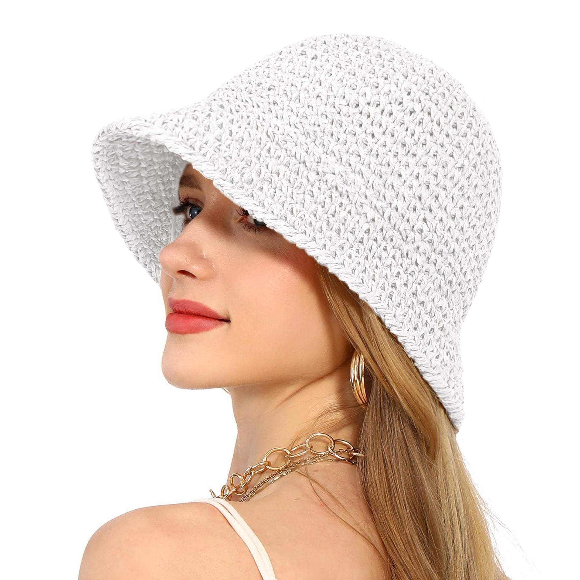 NWT On 34th Women’s Solid Crochet Breathable White Sun Bucket Adjustable Hat White Crochet Bucket Hat – Soraya Hennessy main image 3