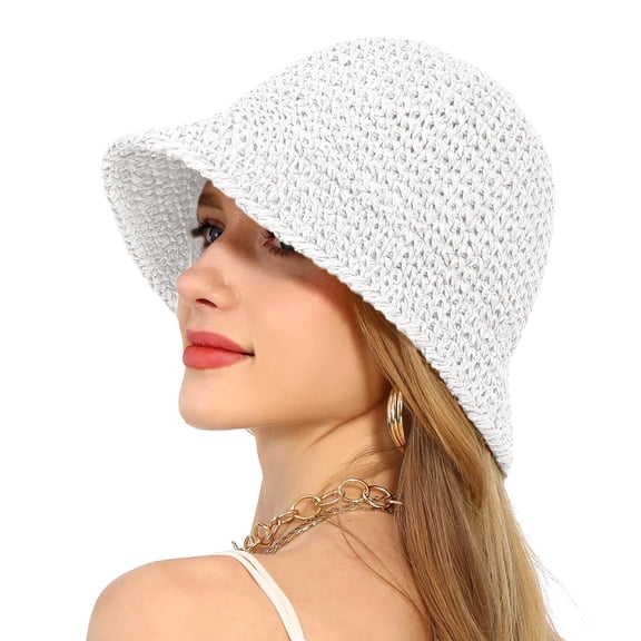 Crochet Raffia Bucket Hat Lightweight Foldable Wide Brim Sun Hat for Stylish Summer Protection - White