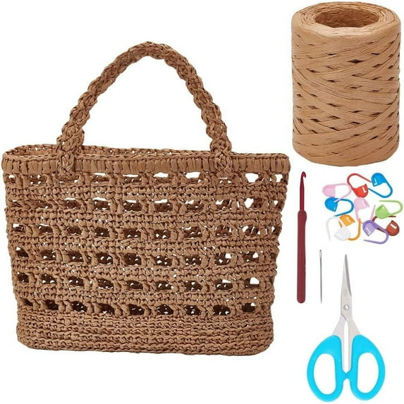 Crochet Raffia Tote Bag kit Set for Beginners Beach Tote Bag for Women Beach Straw Handmade Bag Woven Rattan Bag for Women Raffia Yarn for Crocheting Raffia Paper Ribbons for Craft