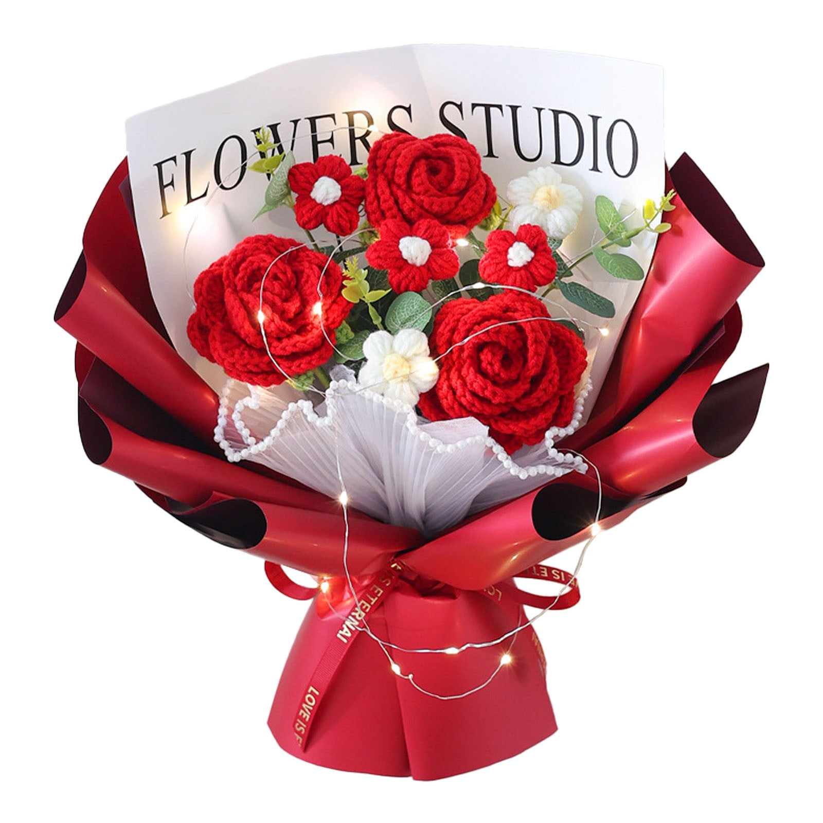 Crochet Red Flowers Bouquet Gift for Women, 1Pcs Handmade Crochet Rose Sunflower Flower, Graduation Bouquet, Artificial Knitted Bouquet with LED Light for Graduation Weddings Gift and Home Decoration