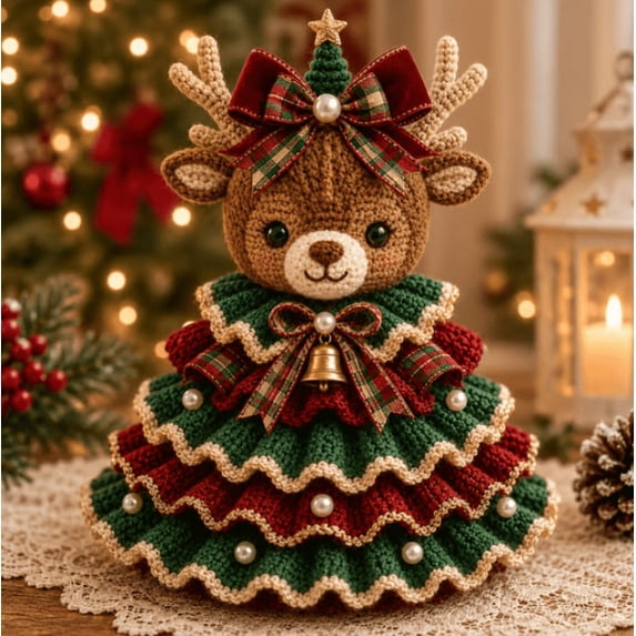 Crochet Reindeer Christmas Tree DIY Kit - Handmade Crochet Yarn Tiered Christmas Tree Tabletop Decor – Vintage Plaid Accent Seasonal Keepsake Ornament
