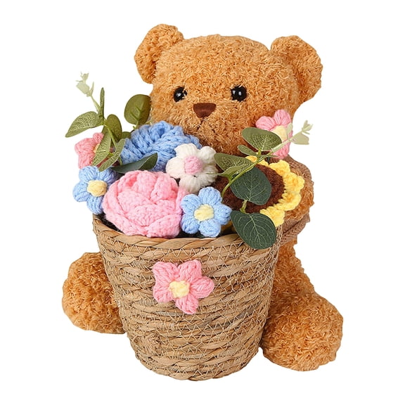 Crochet Rose Bouquet Artificial Flowers Vase Cute Plush Bear Kit Mothers Valentines Day Birthday Anniversary Personalized Thoughtful Romantic Love Gifts Home Decor Pink