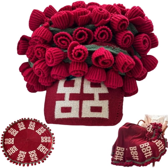 Crochet Rose Flowers Blanket Bouquet,Romantic Handmade Knitted RoseThrow Blanket for Her Girlfriend Mom Gifts,Mother's Day Valentines Wedding Anniversary Birthday(150 cm/59.06 inch)