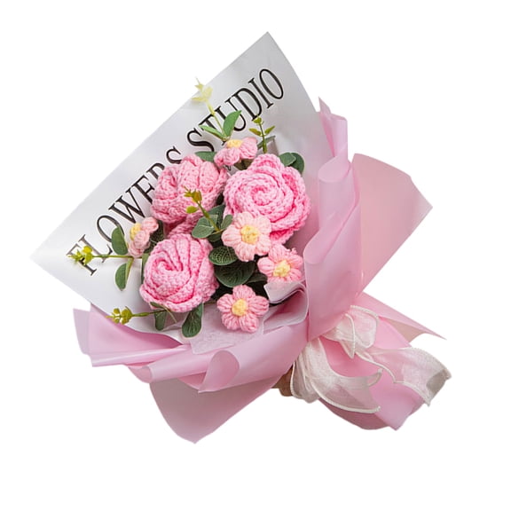 Crochet Rose Flowers Bouquets for Christmas, Mother Day,Artificial Flower Crochet Flowers with String Light and Gift Bag