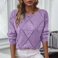 thumbnail image 1 of Crochet Sequins Tops for Women Lightweight Long Sleeve Crewneck Hollow out Knit Pullover Sweaters Blouse Purple L, 1 of 9