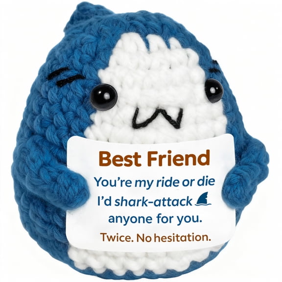 Crochet Shark Plush with Funny Best Friend Message Card, ANNECOSK Mini Handmade Friendship Gift, Cute Desk Decor Plush Toy
