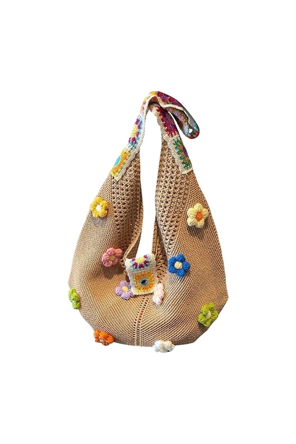 Crochet Shoulder Bags for Women Lightweight Summer Beach Tote Large Capacity Knit Handbags for Vacation Shopping Brown