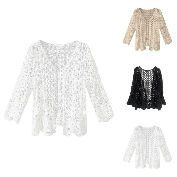 Crochet Shrug for Women 2025 Long Sleeve Hollow Out See Through V-Neck Open Front Cardigans Beach Cover Up