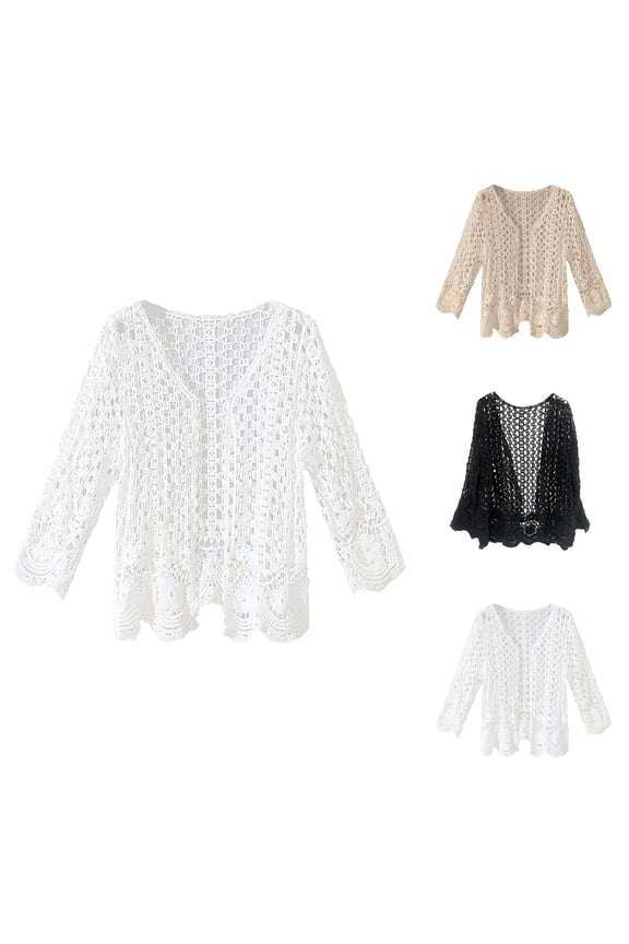 Crochet Shrug for Women 2025 Long Sleeve Hollow Out See Through V-Neck Open Front Cardigans Beach Cover Up