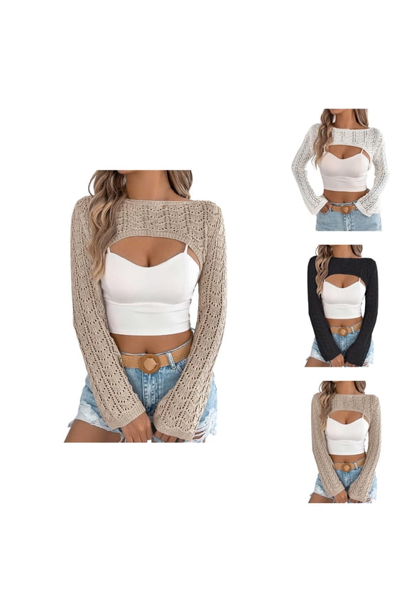 Crochet Shrug for Women 2025 Y2K Hollow Out See Through Bolero Shrug Cropped Knit Sweater Cardigans Tops