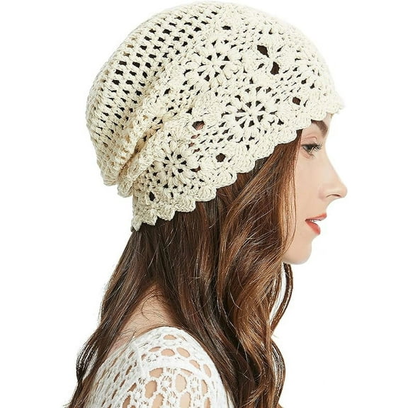 Crochet Slouchy Beanie Hat Fall Handmade Knit Floral Skull Cap Cotton Cutout Summer Hats for Women Lightweight Knitted