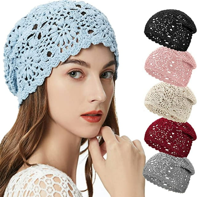 Crochet Slouchy Beanie Hat Fall Handmade Knit Floral Skull Cap Cotton Cutout Summer Hats for