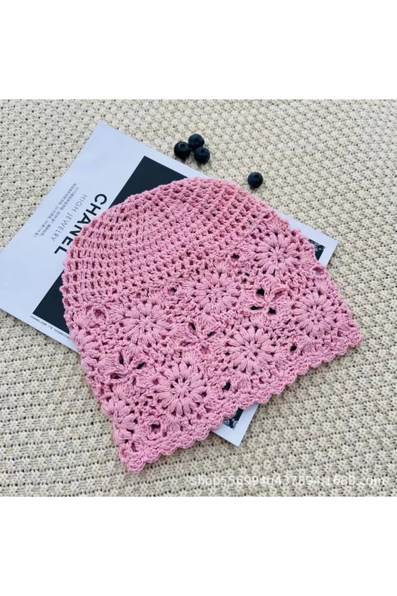 Crochet Slouchy Beanie Hat Fall Handmade Knit Floral Skull Cap Cotton Cutout Summer Hats for Women Lightweight Knitted