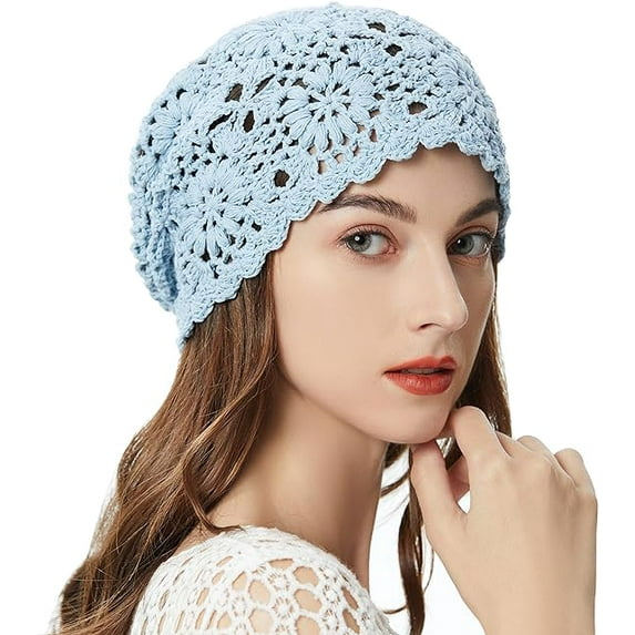Crochet Slouchy Beanie Hat Fall Handmade Knit Floral Skull Cap Cotton Cutout Summer Hats for Women Lightweight Knitted