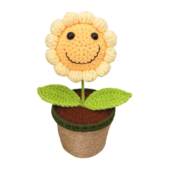 Crochet Smiling Sunflowers Pots Ornament with LED Light Knitted Potted Plant Decorative Accent Housewarmings Present
