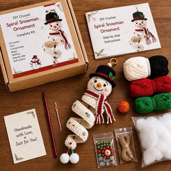 Crochet Spiral Christmas Ornament DIY Kit, Beginner Christmas Tree Crochet Kit with Yarn Crochet Hook and Instructions, Handmade Holiday Craft Decoration for Tree Window Porch Wall