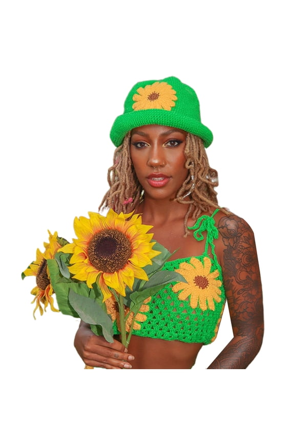 Crochet Star Floral Pattern Bucket Hat Multi-color Wide Brim Bucket Hat Skin-friendly Fisherman Cap for Travel Shopping