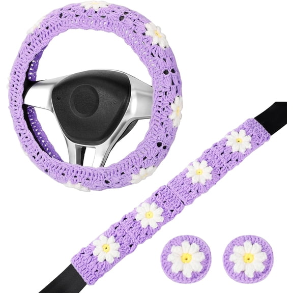 Crochet Steering Wheel Cover Set,Cute Car Steering Wheel Cover Boho 14-15 in,Handmade Daisy Granny Square Pattern for Women,Hippie Car Accessories (Purple Wheel Cover Set)