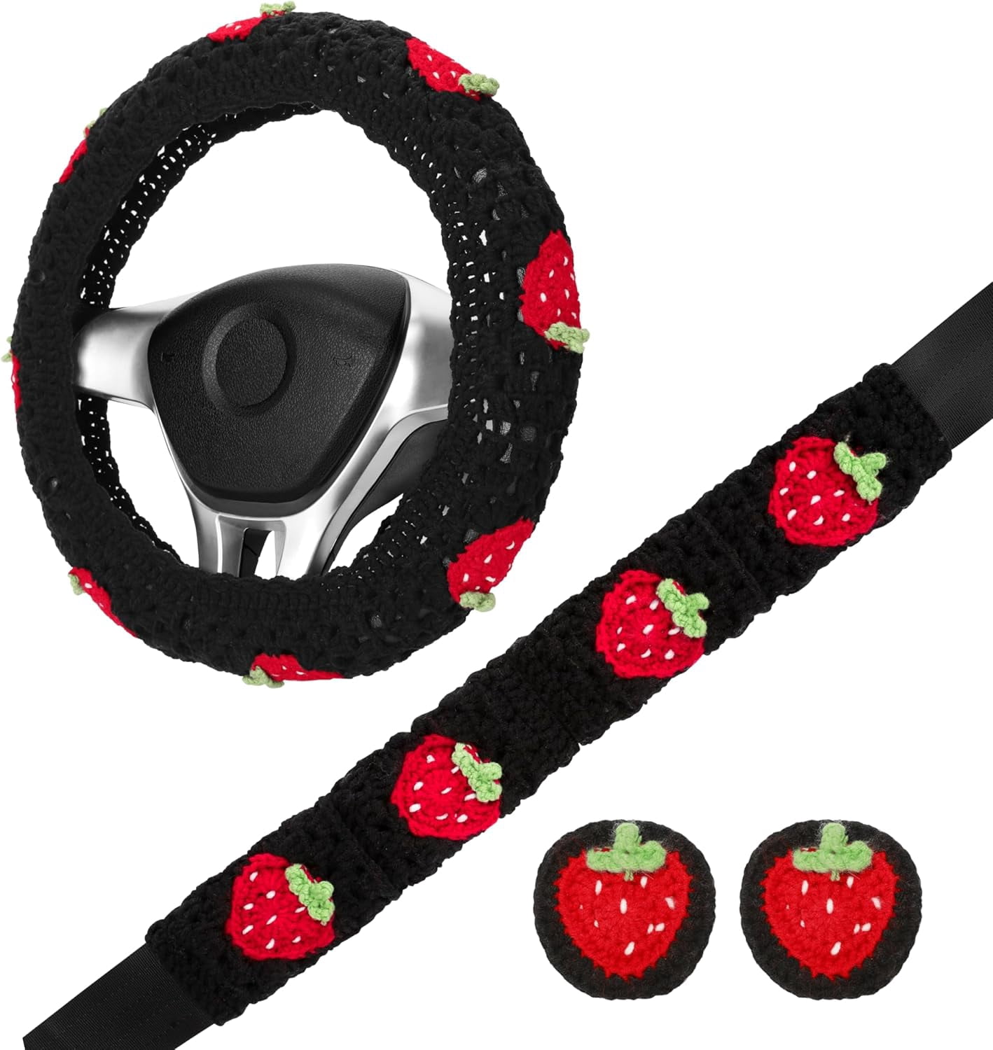 Square Whee Crochet Steering Wheel Cover Set,Cute Car Steering Wheel Cover Boho 14 ...