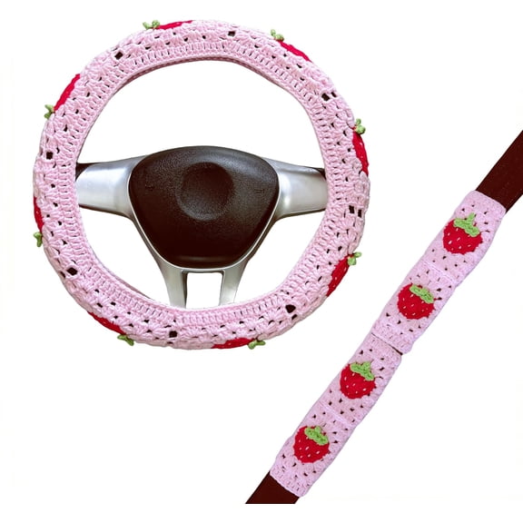 Crochet Steering Wheel Cover, Strawberry Steering Wheel Cover, 14-15 Inch, Universal Fit