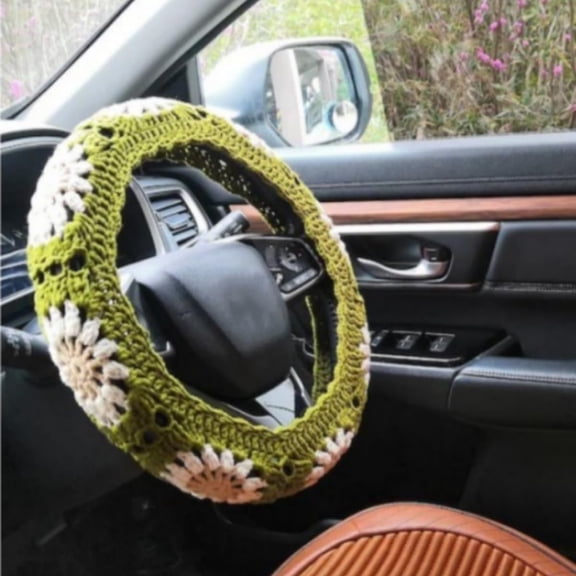 Crochet Steering Wheel Cover,Universal 14-15 inch Soft Steering Wheel Covers for Women& Men,Cute Pattern Non-Slip Sweat-Absorbent Car Covers for Vehicles,Sedans,Suvs (Army Green)